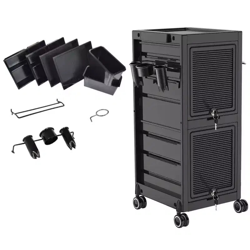 Chariot de salon noir à roulettes avec 6 tiroirs et tiroirs verrouillables, pour un seul utilisateur