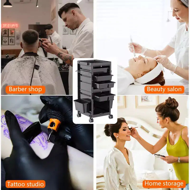 Chariot de salon noir à roulettes avec 6 tiroirs et tiroirs verrouillables, pour un seul utilisateur