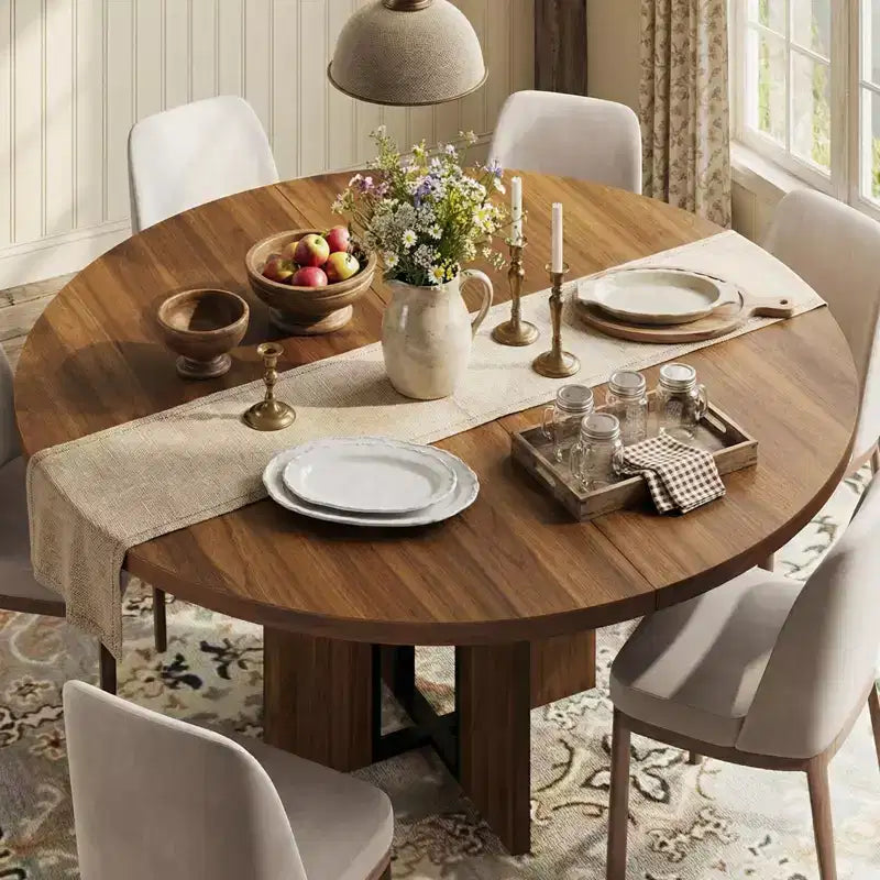 Table à manger ronde extensible noire/marron/grise, pour 4 à 8 personnes