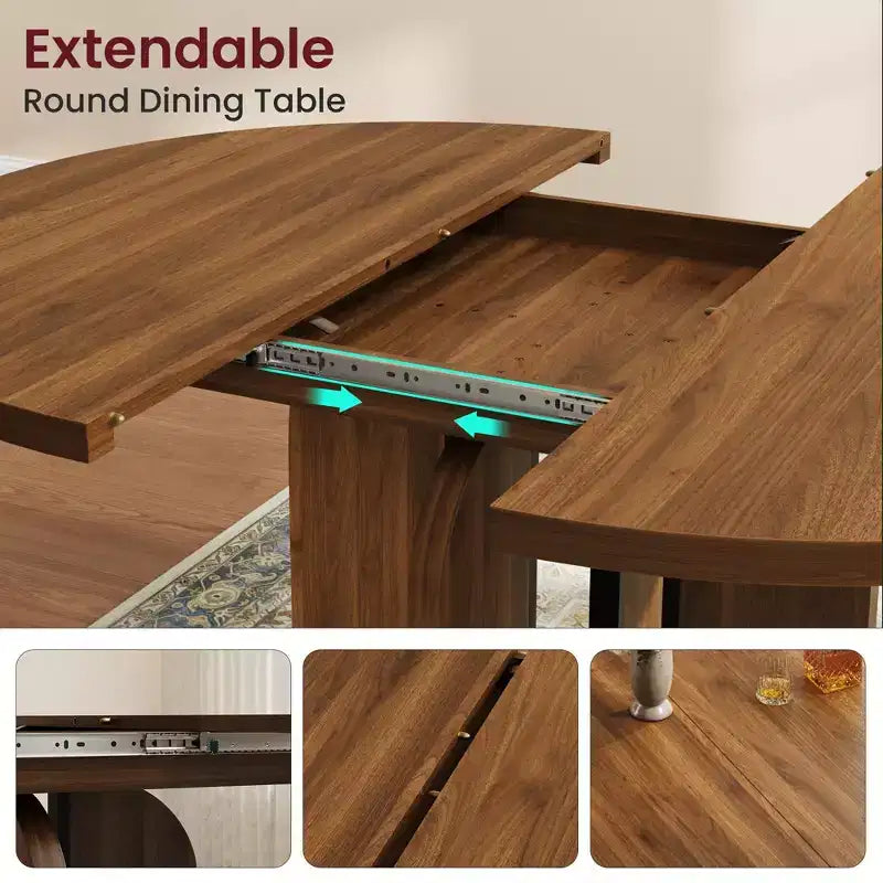 Table à manger ronde extensible noire/marron/grise, pour 4 à 8 personnes