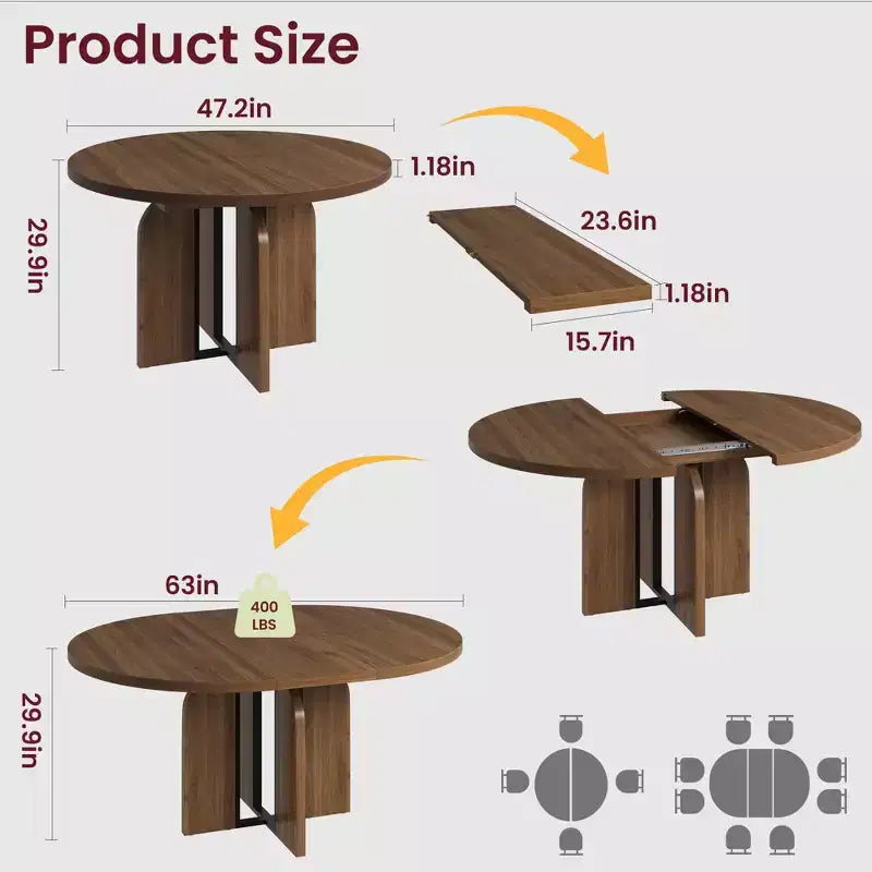Table à manger ronde extensible noire/marron/grise, pour 4 à 8 personnes