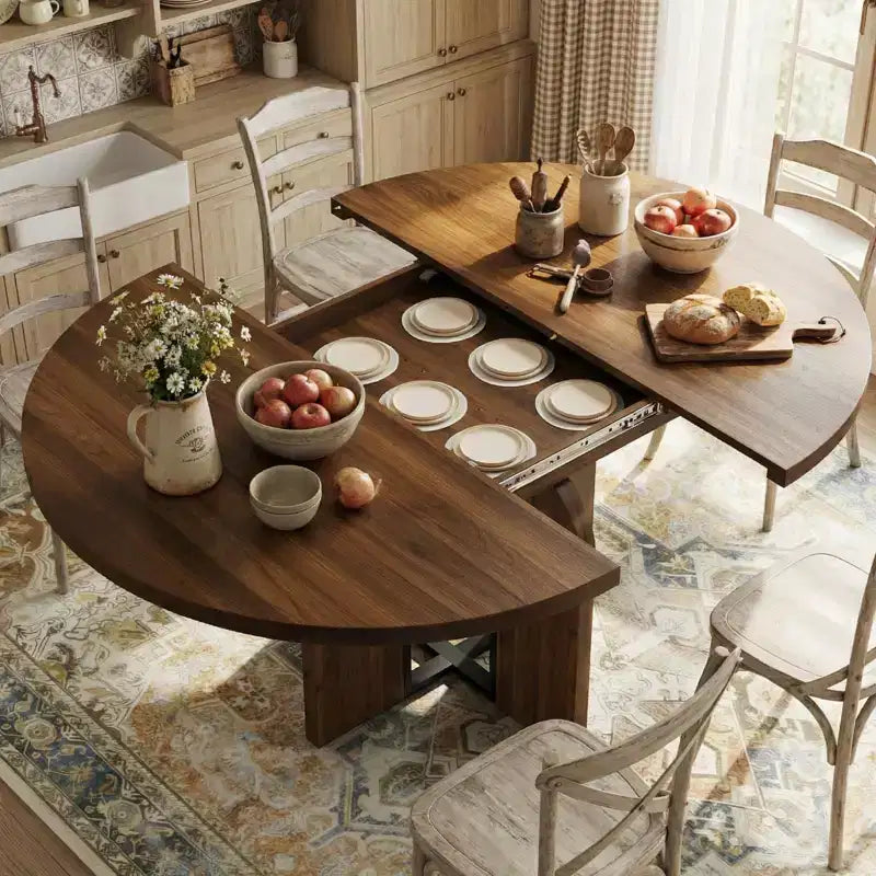Table à manger ronde extensible noire/marron/grise, pour 4 à 8 personnes