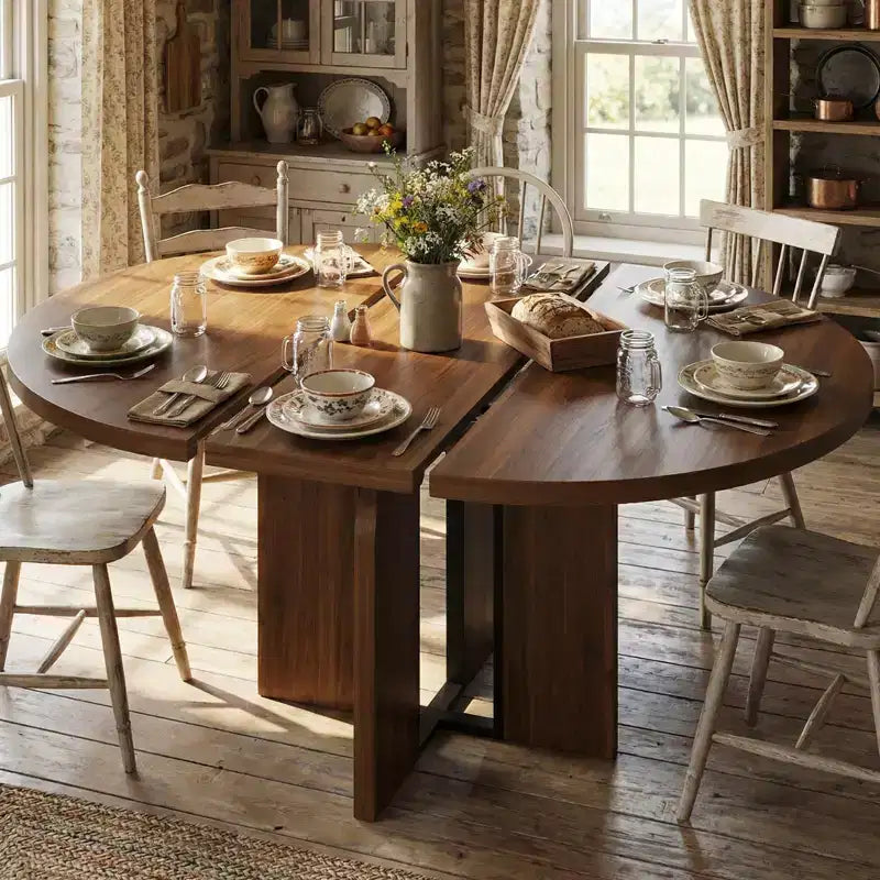 Table à manger ronde extensible noire/marron/grise, pour 4 à 8 personnes