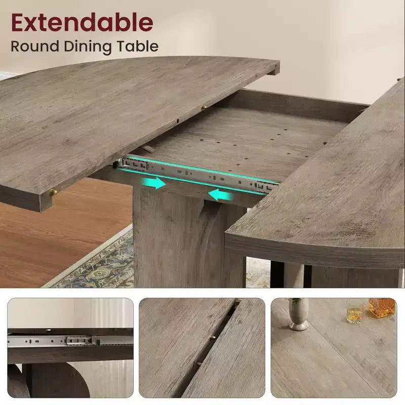 Table à manger ronde extensible noire/marron/grise, pour 4 à 8 personnes