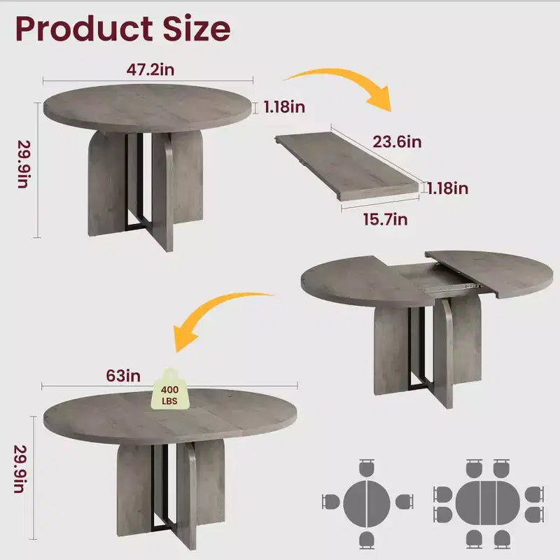 Table à manger ronde extensible noire/marron/grise, pour 4 à 8 personnes
