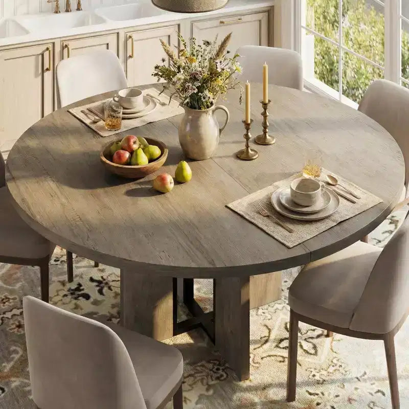 Table à manger ronde extensible noire/marron/grise, pour 4 à 8 personnes