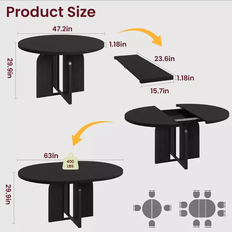 Table à manger ronde extensible noire/marron/grise, pour 4 à 8 personnes