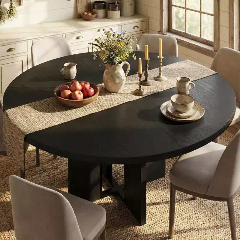 Table à manger ronde extensible noire/marron/grise, pour 4 à 8 personnes