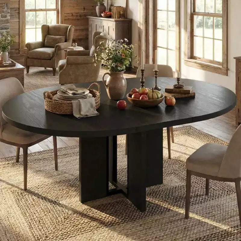 Table à manger ronde extensible noire/marron/grise, pour 4 à 8 personnes