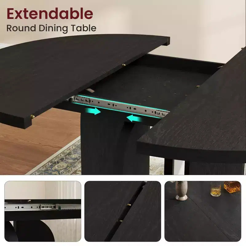 Table à manger ronde extensible noire/marron/grise, pour 4 à 8 personnes