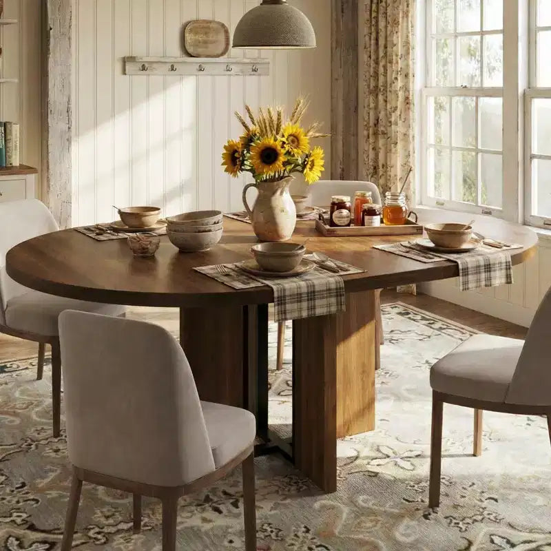 Table à manger ronde extensible noire/marron/grise, pour 4 à 8 personnes
