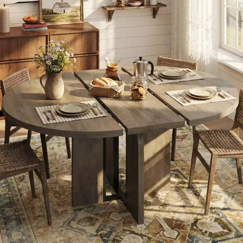 Table à manger ronde extensible noire/marron/grise, pour 4 à 8 personnes
