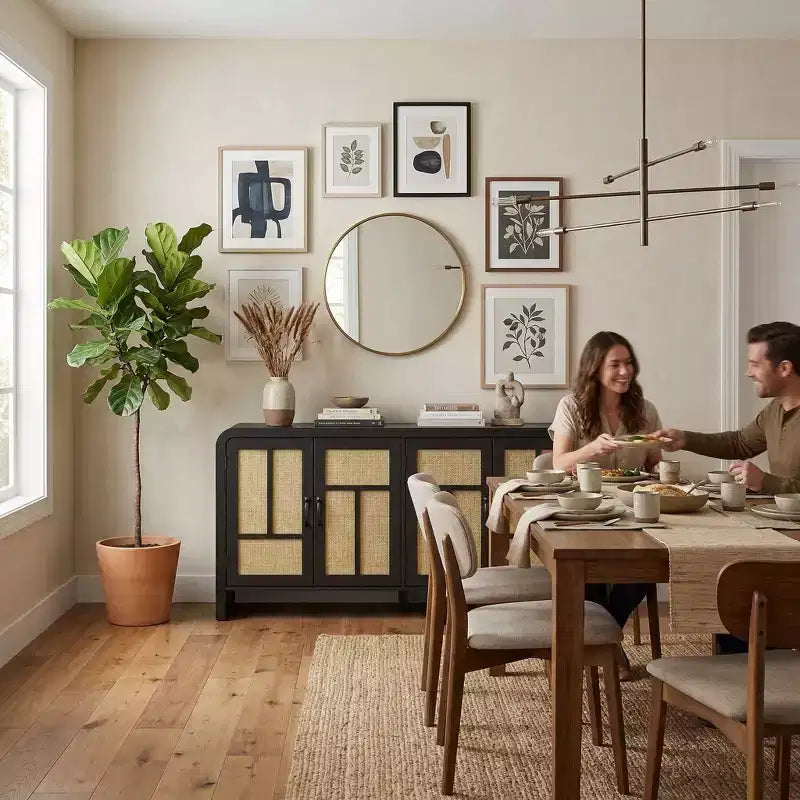 Buffet bas en rotin blanc, meuble de rangement 4 portes 4 étagères, assemblage par 1 personne