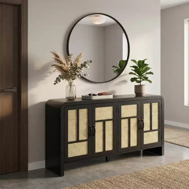 Buffet bas en rotin blanc, meuble de rangement 4 portes 4 étagères, assemblage par 1 personne