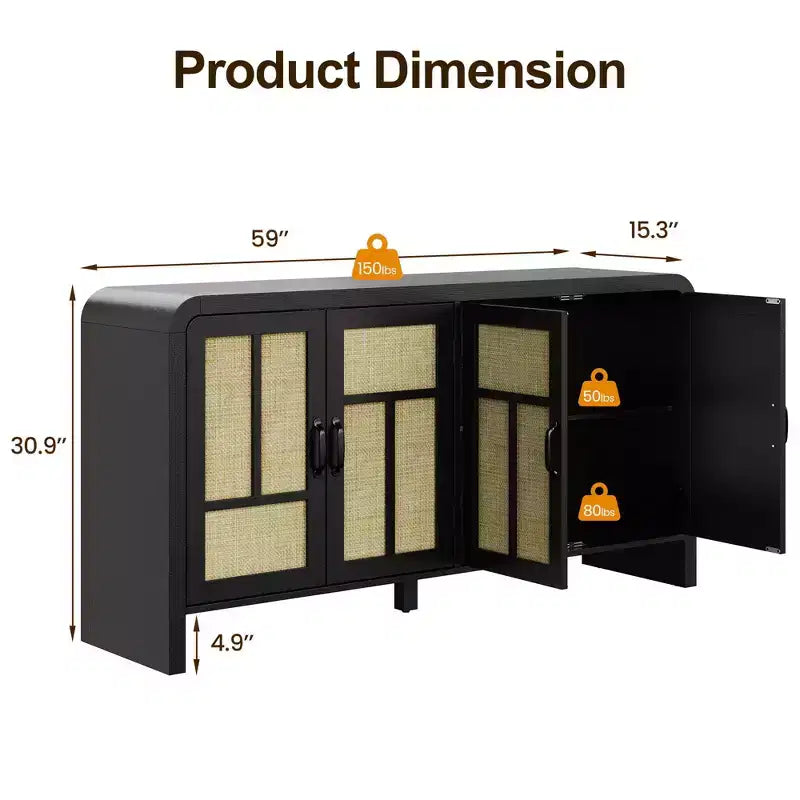 Buffet bas en rotin blanc, meuble de rangement 4 portes 4 étagères, assemblage par 1 personne