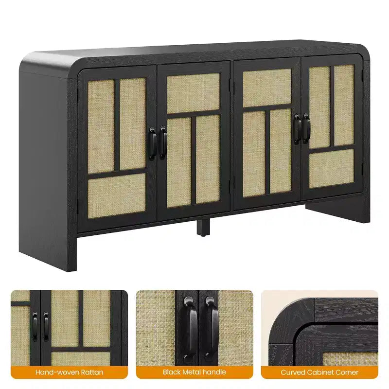 Buffet bas en rotin blanc, meuble de rangement 4 portes 4 étagères, assemblage par 1 personne