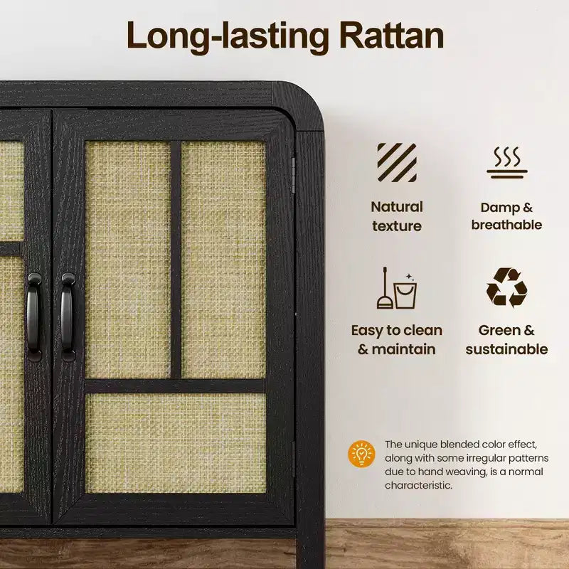 Buffet bas en rotin blanc, meuble de rangement 4 portes 4 étagères, assemblage par 1 personne