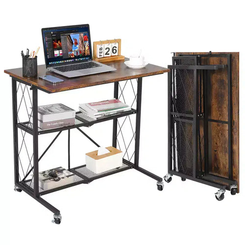 No-Assembly 3-Tier Collapsible Computer Desk with Wheels, Freestanding Metal Wire Shelf - Multipurpose Table for Study, Kitchen, Living Room, Balcony
