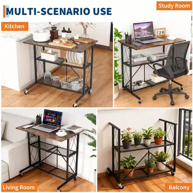 Bureau pliable noir à 3 niveaux avec roulettes – 1 personne