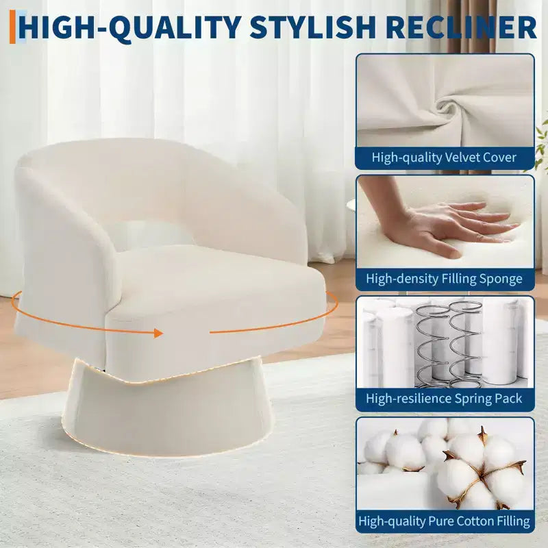 Fauteuil pivotant en velours beige / noir / camel / vert avec dossier rayé, une place