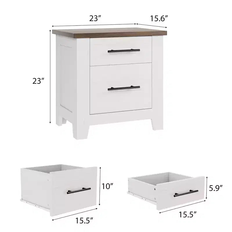Table de chevet 2 tiroirs Blanc et marron, style campagnard, 1 personne