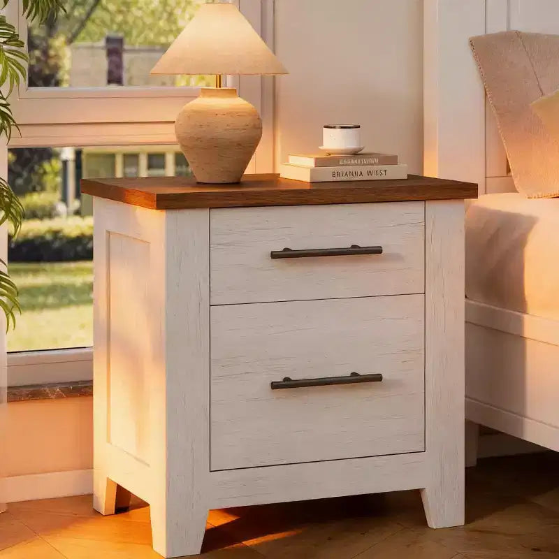 Table de chevet 2 tiroirs Blanc et marron, style campagnard, 1 personne