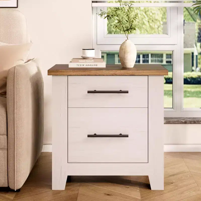 Table de chevet 2 tiroirs Blanc et marron, style campagnard, 1 personne