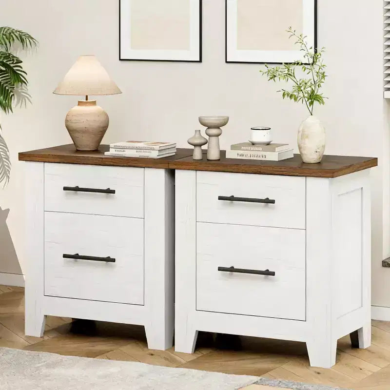 Table de chevet 2 tiroirs Blanc et marron, style campagnard, 1 personne