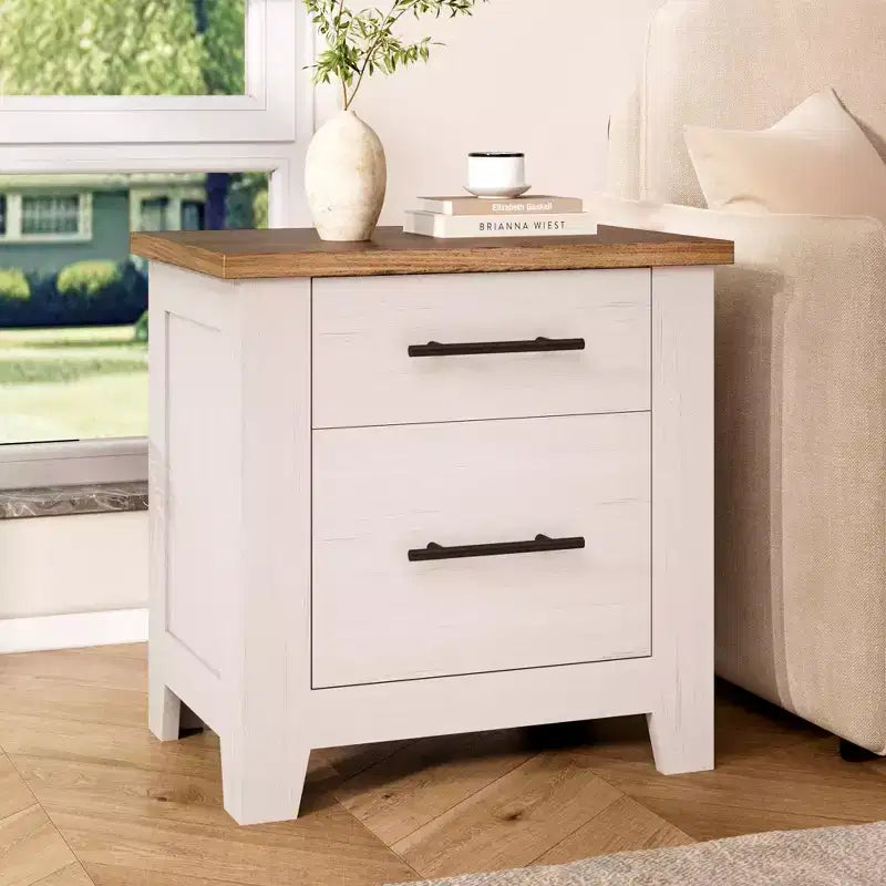 Table de chevet 2 tiroirs Blanc et marron, style campagnard, 1 personne