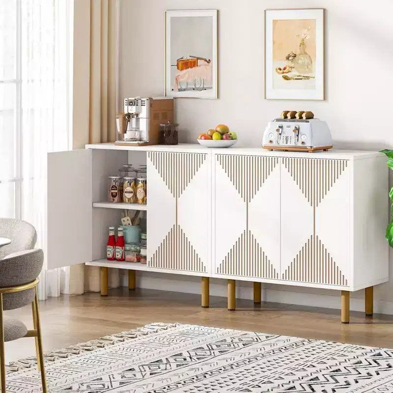 Bahut de buffet blanc à 4 portes, style moderne, assemblage par une seule personne