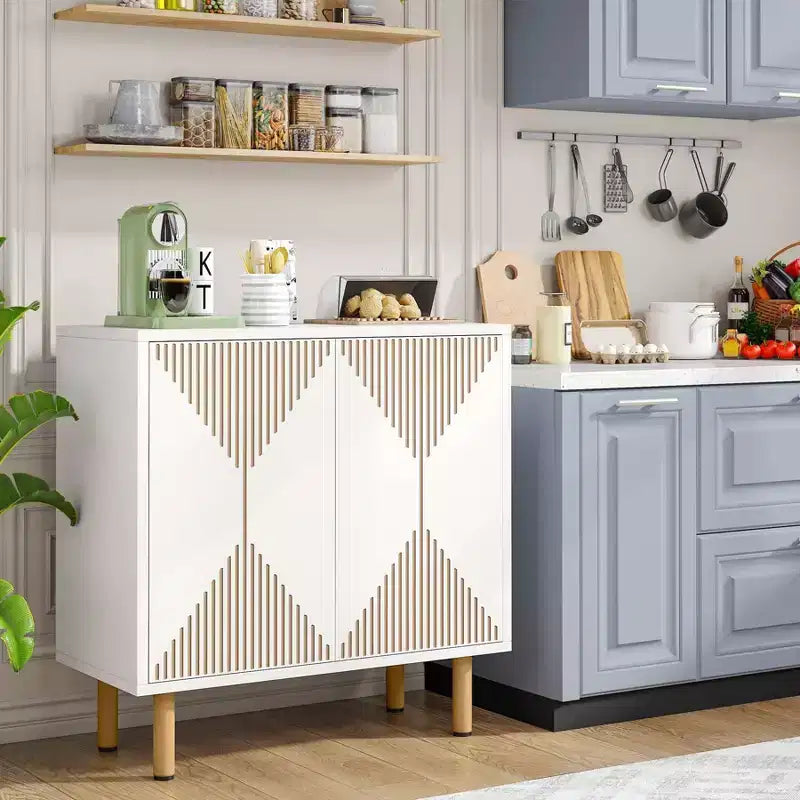 Bahut de buffet blanc à 4 portes, style moderne, assemblage par une seule personne