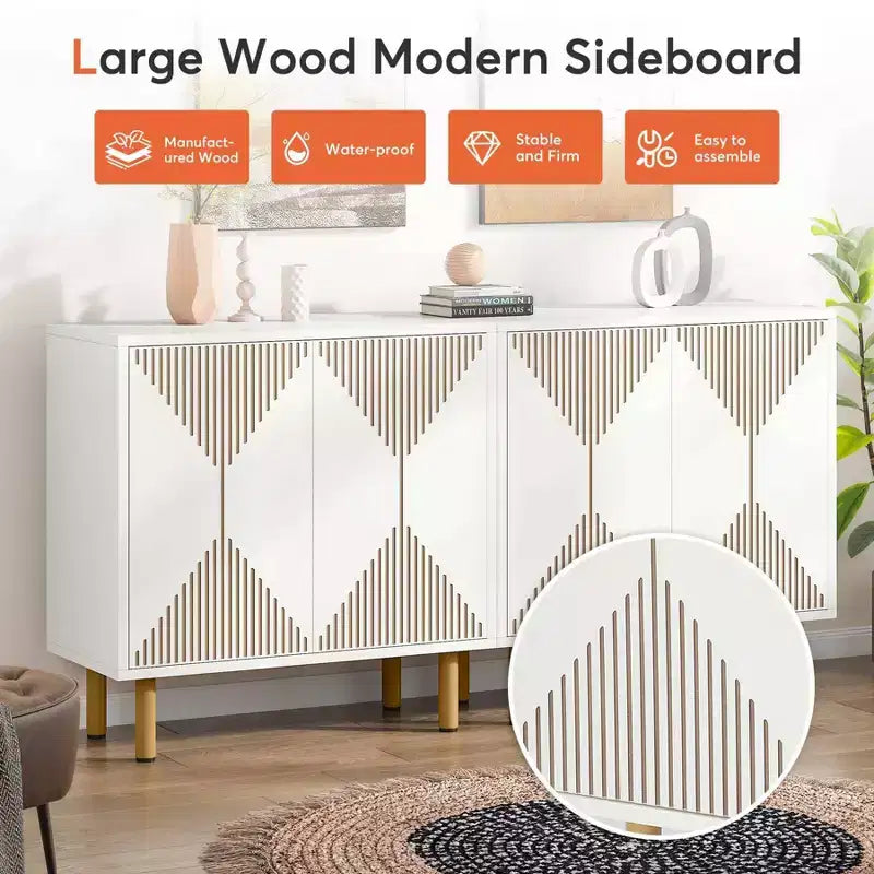 Bahut de buffet blanc à 4 portes, style moderne, assemblage par une seule personne
