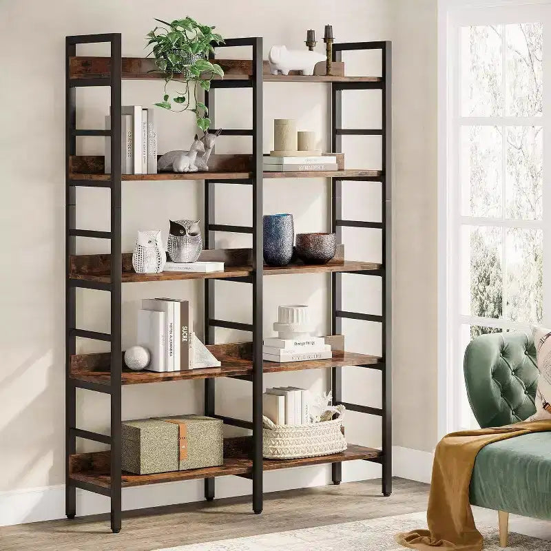 Étagère double large à 5 niveaux brun rustique, pour 1 personne