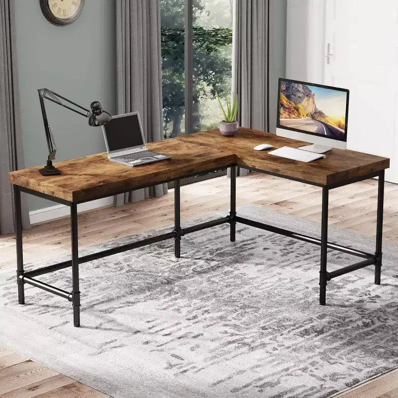 Bureau d'ordinateur en L, marron rustique, réversible, 1 à 2 personnes