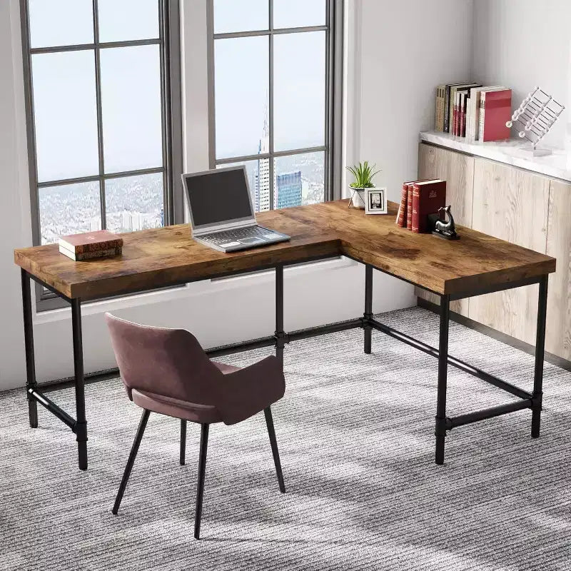 Bureau d'ordinateur en L, marron rustique, réversible, 1 à 2 personnes