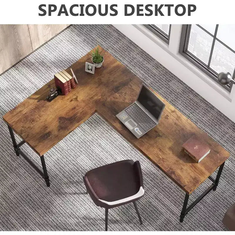 Bureau d'ordinateur en L, marron rustique, réversible, 1 à 2 personnes