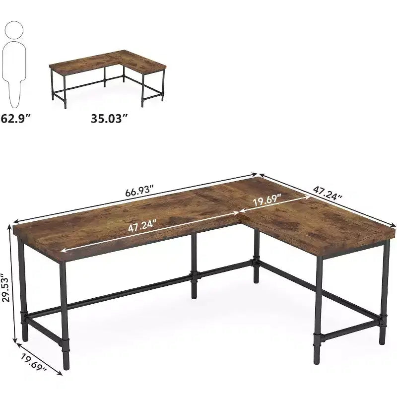 Bureau d'ordinateur en L, marron rustique, réversible, 1 à 2 personnes