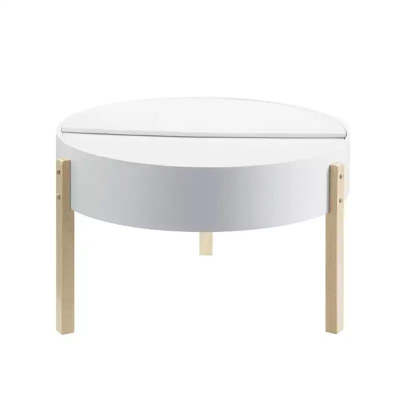Table basse ronde blanche et naturelle avec rangement caché, style 4 pieds