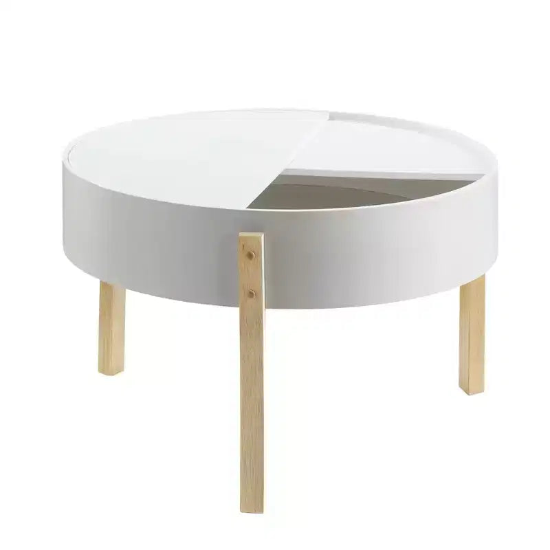 Table basse ronde blanche et naturelle avec rangement caché, style 4 pieds