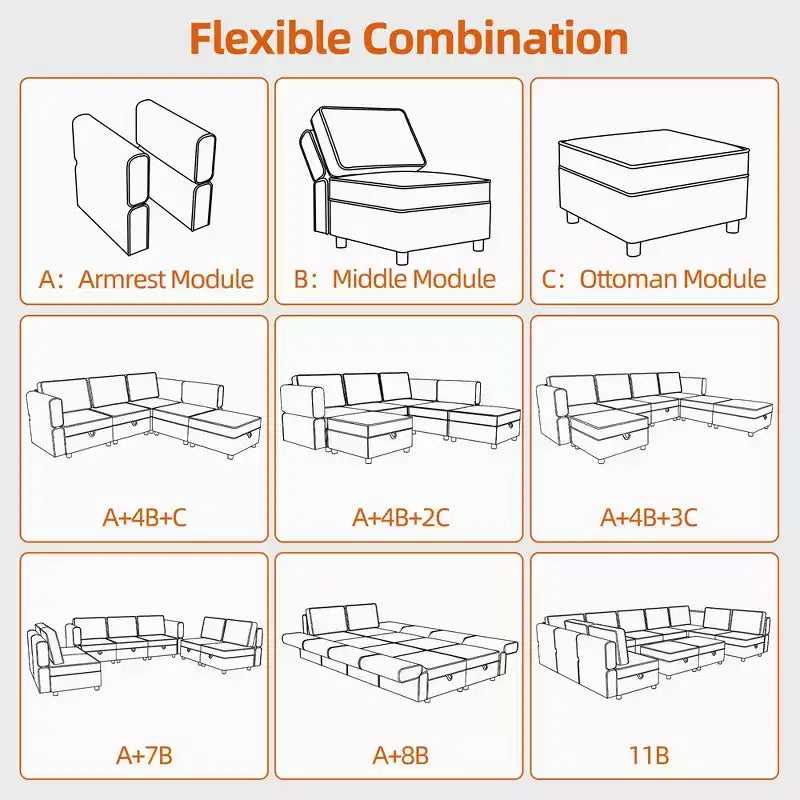 Canapé d'angle modulable 9 places en chenille grise en forme de U avec rangement et pouf